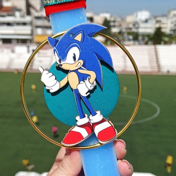 Χειροποίητη αρωματική λαμπάδα 30cm με θέμα τον Sonic - αγόρι, λαμπάδες, για παιδιά, ήρωες κινουμένων σχεδίων, παιχνιδολαμπάδες - 2