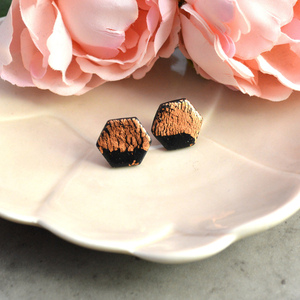Κουμπωτά σκουλαρίκια από πηλό με φύλλο ροζ χρυσού και γυαλί - γυαλί, πηλός, καρφωτά, μικρά, ατσάλι - 2