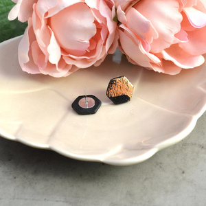 Κουμπωτά σκουλαρίκια από πηλό με φύλλο ροζ χρυσού και γυαλί - γυαλί, πηλός, καρφωτά, μικρά, ατσάλι - 5