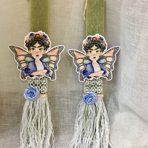 Χειροποίητη λαμπάδα " Butterfly Frida " - μαγνητάκι διακοσμημένη με κρόσια και λουλουδάκι - λουλούδια, λαμπάδες, για ενήλικες, για εφήβους - 5