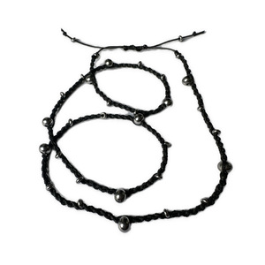Βραχιόλι-κολιέ μακραμέ μαύρο με ατσάλινες χάντρες - ατσάλι, χεριού, αυξομειούμενα - 3