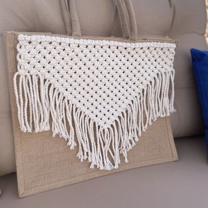 Τσάντα Παραλίας από λινάτσα με πλέξη μακραμέ White - νήμα, ώμου, μεγάλες, θαλάσσης, tote - 4