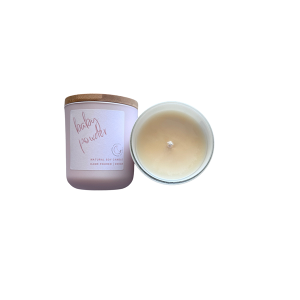 Baby powder…Δοχείο με αρωματικό φυτικό κερί σόγιας 200 gr. - αρωματικά κεριά, σόγια, vegan friendly - 2
