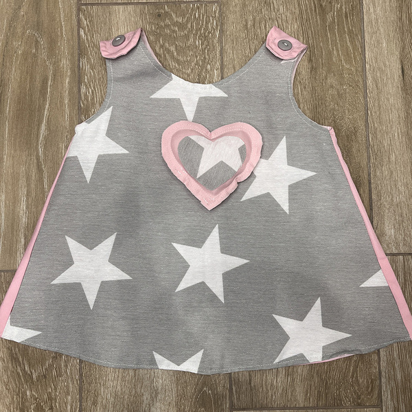 Χειροποίητο βαμβακερό φόρεμα γκρι αστέρια με ροζ πλάτη - κορίτσι, παιδικά ρούχα, βρεφικά ρούχα - 2
