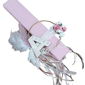 Λαμπάδα ροζ πλακέ αρωματικη 25εκ με μονογραμμα κ όνομα στο κουτι - κορίτσι, λουλούδια, λαμπάδες, για ενήλικες, για εφήβους
