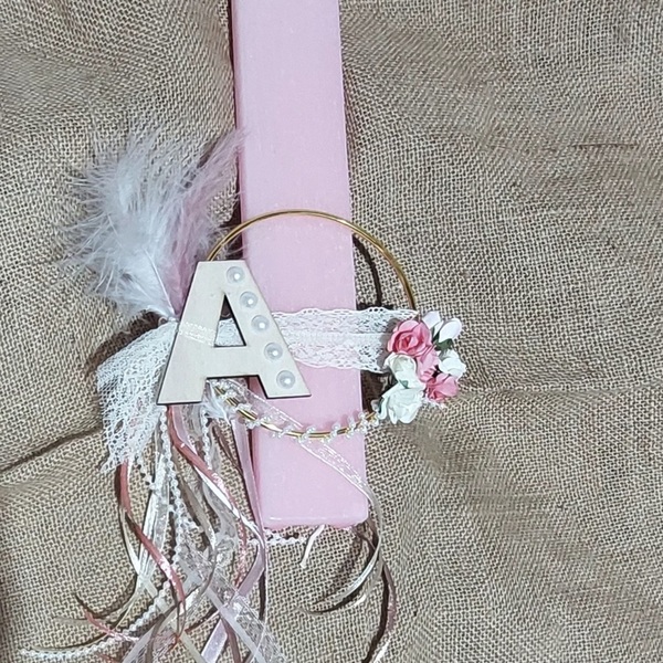 Λαμπάδα ροζ πλακέ αρωματικη 25εκ με μονογραμμα κ όνομα στο κουτι - κορίτσι, λουλούδια, λαμπάδες, για ενήλικες, για εφήβους - 3