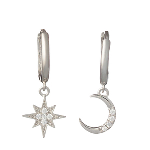 Σκουλαρίκια με Αστέρι και Φεγγάρι Ασημένια Επιροδιωμένα | The Gem Stories Jewelry - ασήμι 925, αστέρι, φεγγάρι, με κλιπ, επιπλατινωμένα - 2