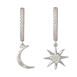 Σκουλαρίκια Κρεμαστά με Αστέρι και Φεγγάρι Μεταλλικά Επιροδιωμένα| The Gem Stories Jewelry - ορείχαλκος, αστέρι, φεγγάρι, με κλιπ, επιπλατινωμένα - 2
