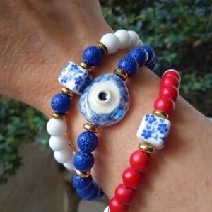 Βραχιόλι μπλε με κεραμικό μάτι - ημιπολύτιμες πέτρες, πηλός, μάτι, νονά, ατσάλι - 4