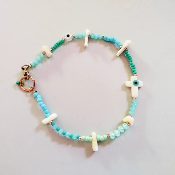 Βραχιολάκι ποδιού γαλάζιο με κοράλλια - κοράλλι, seed beads, ποδιού