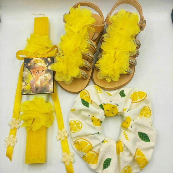 Πασχαλινό σετ λαμπάδα ΤΙΝΚΕΡΜΠΕΛ-σανδάλια κίτρινα-scrunchie λεμόνια - κορίτσι, λαμπάδες, σετ, πριγκίπισσες
