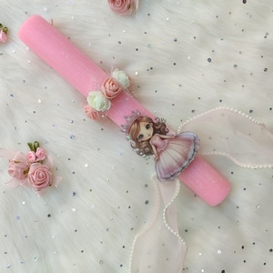 Ροζ λαμπάδα με λουλούδια και ροζ πριγκίπισσα - κορίτσι, λουλούδια, λαμπάδες, για παιδιά, πριγκίπισσες - 4