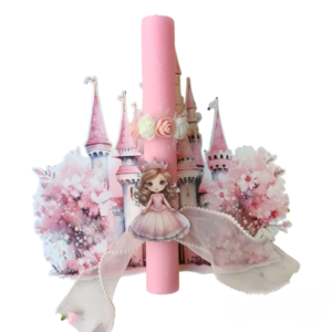 Ροζ λαμπάδα με πριγκίπισσα και διακοσμητικό τοίχου ροζ κάστρο - κορίτσι, λαμπάδες, σετ, για παιδιά, πριγκίπισσες