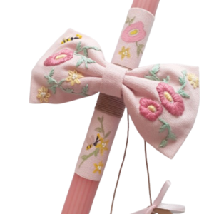 Λαμπάδα ροζ με φιόγκο κλιπ μαλλιών κεντημένο. - κορίτσι, λουλούδια, λαμπάδες, για παιδιά, hair clips - 2