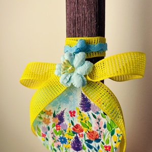 Λαμπάδα μωβ, ξυστή, αρωματική 30,5 cm με ξύλινο διακοσμητικό ζωγραφισμένο στο χέρι - κορίτσι, λουλούδια, λαμπάδες, για παιδιά - 3