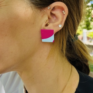 Ftery Rectangle Earrings Χειροποίητα Καρφωτά Σκουλαρίκια Πολυμερικού Πηλού Γαλάζια & Φούξια - πηλός, ατσάλι, μεγάλα - 4