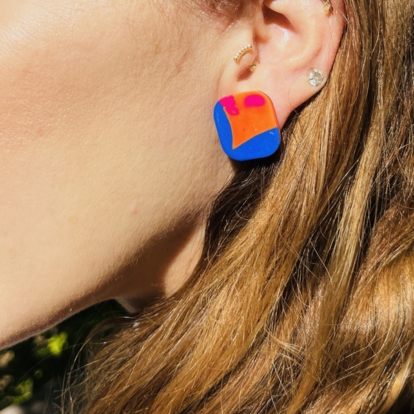 Appela Rectangle Earrings Χειροποίητα Καρφωτά Σκουλαρίκια Πολυμερικού Πηλού Κόκκινο, Πορτοκαλί & Μπλε - πηλός, ατσάλι, μεγάλα - 3