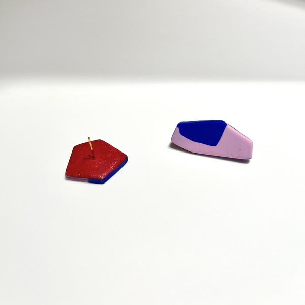 Ftery Blue & Pink Organic Polygonal Earrings Χειροποίητα Πολυγωνικά Καρφωτά Σκουλαρίκια Πολυμερικού Πηλού Μπλε & Ροζ - πηλός, ατσάλι, μεγάλα - 2