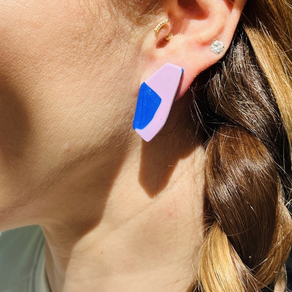 Ftery Blue & Pink Organic Polygonal Earrings Χειροποίητα Πολυγωνικά Καρφωτά Σκουλαρίκια Πολυμερικού Πηλού Μπλε & Ροζ - πηλός, ατσάλι, μεγάλα - 5