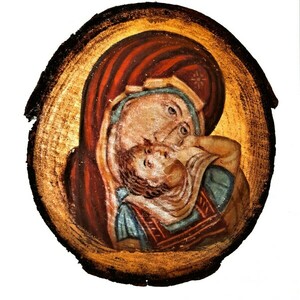 Παναγία Αβραμιώτισσα σε φυσικό κορμό ξύλου 20Χ25Χ3εκ - πίνακες & κάδρα, πίνακες ζωγραφικής, εικόνες αγίων