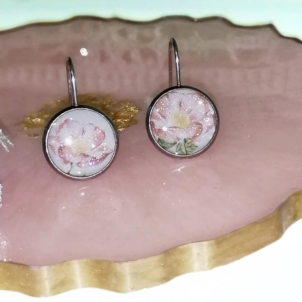 "mini&chic" χειροποίητα floral σκουλαρίκια με υγρό γυαλί. - γυαλί, μικρά, ατσάλι, γάντζος, φθηνά - 2