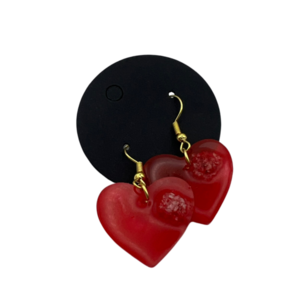 Σκουλαρικι σε σχημα καρδιας με γεμισμα ρητινης και αποξηραμενου λουλουδιου σε χρωμα κοκκινο, 2cm*2.5cm - γυαλί, λουλούδι, γάντζος - 2
