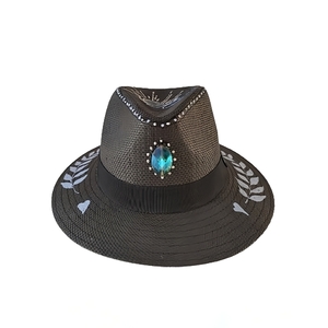 '' Infinity " Καπέλο μαύρο τύπου Παναμά ζωγραφισμένο στο χέρι με ανεξίτηλα χρώματα - ψάθινα