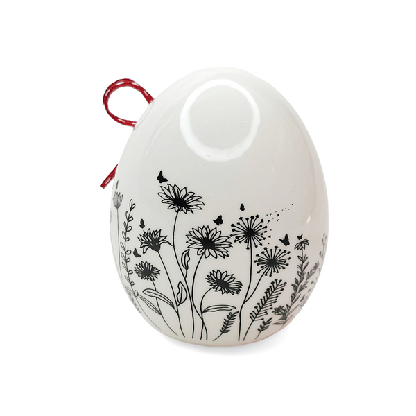 Ασπρόμαυρο κεραμικό διακοσμητικό αυγό με ζωγραφισμένα λουλουδάκια - κεραμικό, αυγό, διακοσμητικά, για ενήλικες - 2