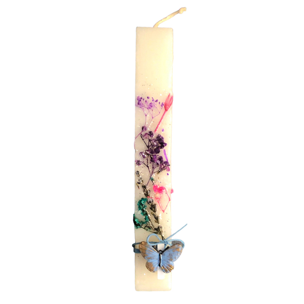 Λευκή λαμπάδα με αποξηραμένα λουλούδια και γκλίτερ. - Διαστάσεις λαμπάδας: 25*4,5 εκ. - κορίτσι, λουλούδια, λαμπάδες, για εφήβους