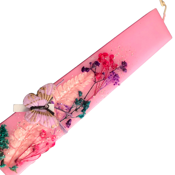 Ροζ λαμπάδα με αποξηραμένα λουλούδια και γκλίτερ. - Διαστάσεις λαμπάδας: 25*4,5 εκ. - κορίτσι, λουλούδια, λαμπάδες, για εφήβους - 5