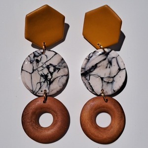 "marble" καρφωτά σκουλαρίκια 9εκ. - ξύλο, γυαλί, πηλός, καρφωτά, ατσάλι