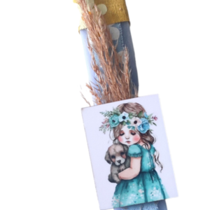 Αρωματική σιελ λαμπάδα 32cm με ξύλινο στοιχείο Κοριτσάκι με στεφάνι - λουλούδια, λαμπάδες, για παιδιά, για εφήβους, ζωάκια - 4