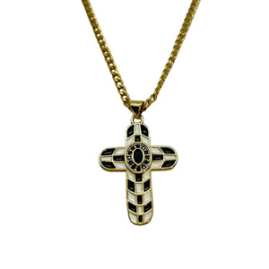 Κολιέ ατσάλινο χρυσό με μεταλλικό σταυρό σε μαύρο και άσπρο χρώμα - μήκος 50εκ. - σταυρός, μέταλλο, κοντά, ατσάλι - 3
