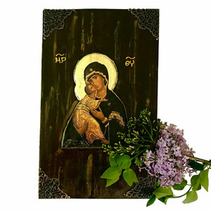 Παναγία Γλυκοφιλούσα Χειροποίητη Εικόνα Σε Ξύλο 21x34cm - πίνακες & κάδρα, πίνακες ζωγραφικής - 2