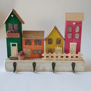Κλειδοθήκη-κρεμάστρα ρουστίκ ξύλινη φθινοπωρινά χρώματα 19 Χ 25 Χ 5 cm - ξύλο, ζωγραφισμένα στο χέρι, χειροποίητα, κλειδοθήκες, ξύλινα διακοσμητικά τοίχου - 4