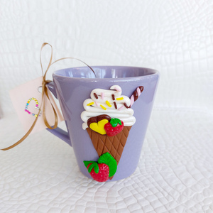 Μοβ κούπα με χειροποίητη διακόσμηση παγωτό. - πηλός, δώρα για παιδιά, κούπες & φλυτζάνια, πρωτότυπα δώρα, παγωτό
