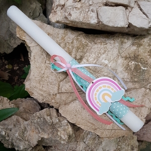 Πασχαλινή Λευκή Αρωματική Λαμπάδα Ουράνιο Τόξο, βεραμάν/ροζ, 29cm - κορίτσι, λαμπάδες, ουράνιο τόξο, για παιδιά, για μωρά