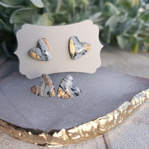 Σκουλαρίκια Καρδούλες μικρές Marble Black & White Gold - καρδιά, πηλός, μικρά, φθηνά - 2