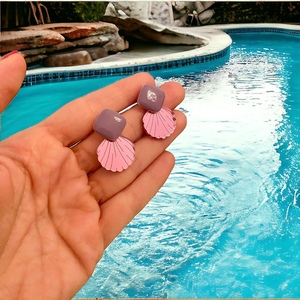 Σκουλαρίκια με ροζ μωβ plexiglass αχιβάδες - κοχύλι, μικρά, plexi glass, boho - 2