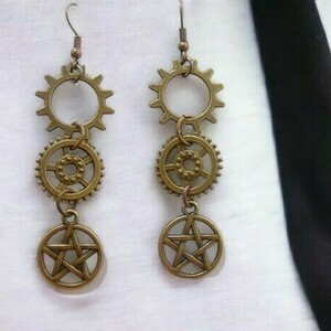 Σκουλαρίκια με γρανάζια και charms Bronze Steampunk Gear Earrings - μπρούντζος, κρεμαστά, γάντζος - 2