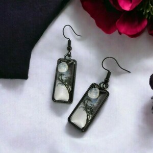Σκουλαρίκια με γυαλί Moon Black Sunset earrings - γυαλί, φεγγάρι, μικρά, κρεμαστά, γάντζος - 2