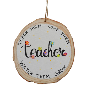 Ροδέλα ξύλου - στολίδι για δασκάλους, διαμέτρου περίπου 10 εκ. και ζωγραφισμένη στο χέρι με ένα όμορφο μήνυμα, συνοδευόμενη από ένα σακουλάκι με σπόρους λουλουδιών - στολίδι, για δασκάλους, η καλύτερη δασκάλα