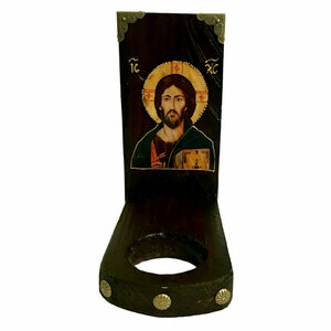 Χειροποίητη Επιτραπέζια Βάση Καντηλιού Με Εικόνα του Ιησού Χριστού Και Καντηλόκουπα - ξύλο, διακοσμητικά, εικόνες αγίων