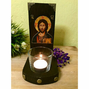 Χειροποίητη Επιτραπέζια Βάση Καντηλιού Με Εικόνα του Ιησού Χριστού Και Καντηλόκουπα - ξύλο, διακοσμητικά, εικόνες αγίων - 2