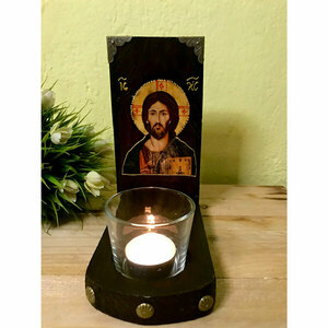 Χειροποίητη Επιτραπέζια Βάση Καντηλιού Με Εικόνα του Ιησού Χριστού Και Καντηλόκουπα - ξύλο, διακοσμητικά, εικόνες αγίων - 5