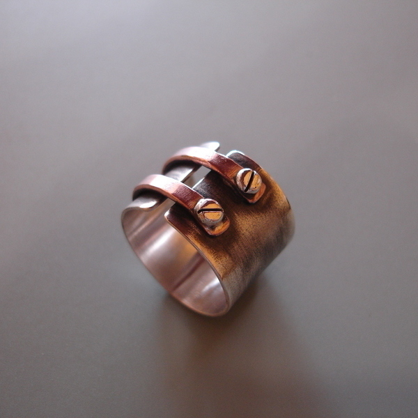 Ασημένιο οξειδωμένο δαχτυλίδι με χαλκό - statement, ασήμι 925, rock, μεγάλα
