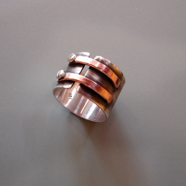 Ασημένιο οξειδωμένο δαχτυλίδι με χαλκό - statement, ασήμι 925, rock, μεγάλα - 2