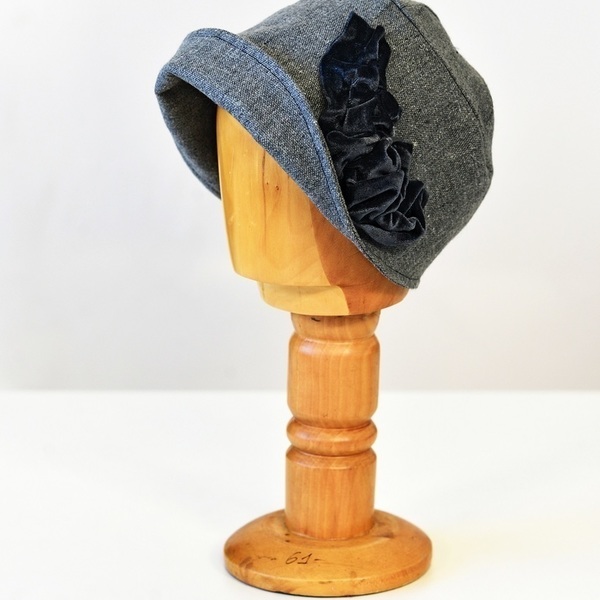 Γκρί ανοιχτό Cloche καπέλο - μαλλί, ύφασμα, fashion, vintage, γυναικεία, χειροποίητα - 2