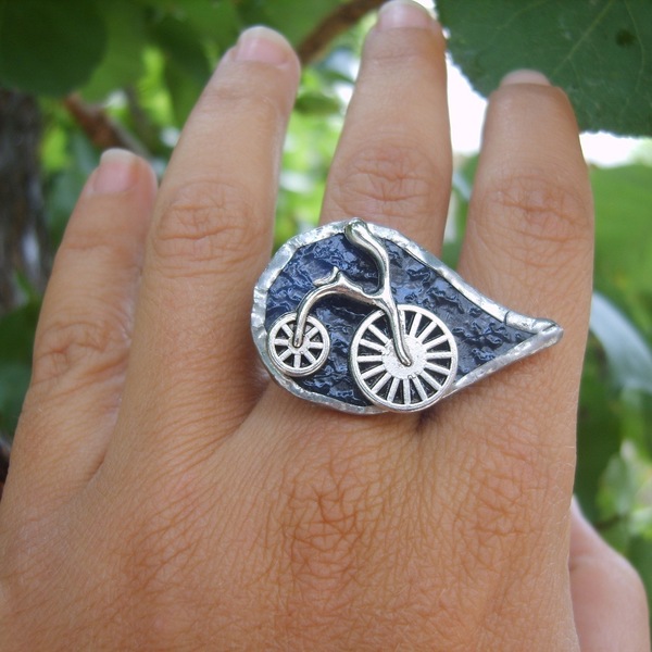Δαχτυλίδι Ποδήλατο σε Μπλε Βιτρώ - γυαλί, αλουμίνιο, χειροποίητα, μεγάλα, αυξομειούμενα, φθηνά - 2