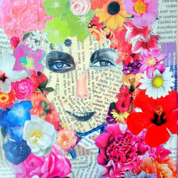 Πίνακας collage "flowers on my head" - πολύχρωμο, διακοσμητικό, χρωματιστό, ιδιαίτερο, πίνακες & κάδρα, καμβάς, χαρτί, επιτοίχιο, λουλούδια, decor, ακρυλικό, φλοράλ, χαρούμενο, είδη διακόσμησης, είδη δώρου, boho